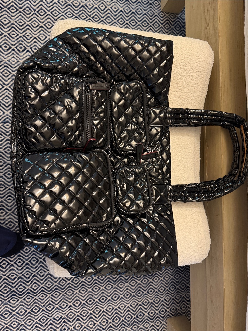 MZ Wallace Black Quilted Glossy Tote with Front Pockets